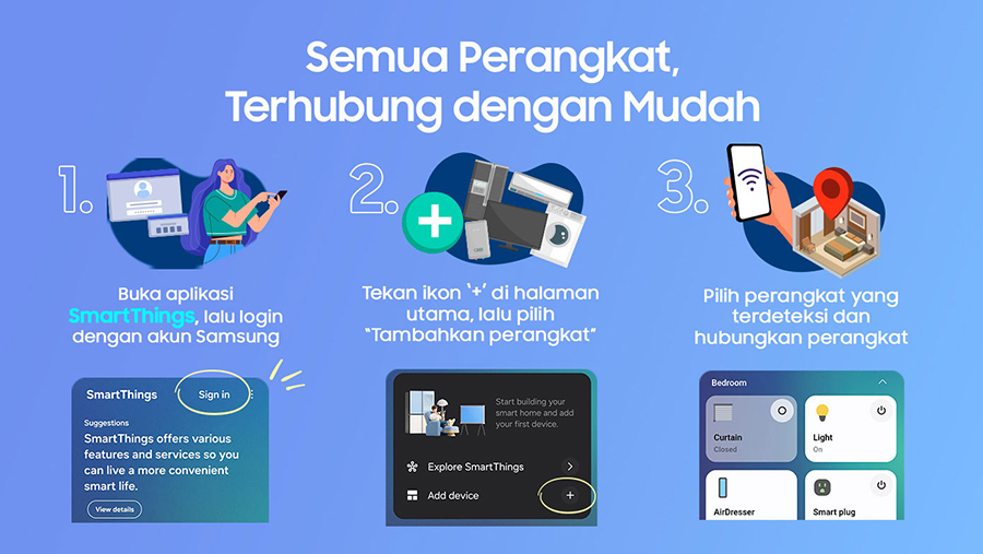 Kelola seluruh perangkat rumah pintar dalam satu aplikasi. Hemat energi, praktis, dan sesuai rutinitas harian dengan Samsung SmartThings.