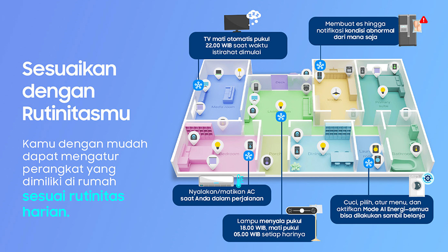 Kelola seluruh perangkat rumah pintar dalam satu aplikasi. Hemat energi, praktis, dan sesuai rutinitas harian dengan Samsung SmartThings.
