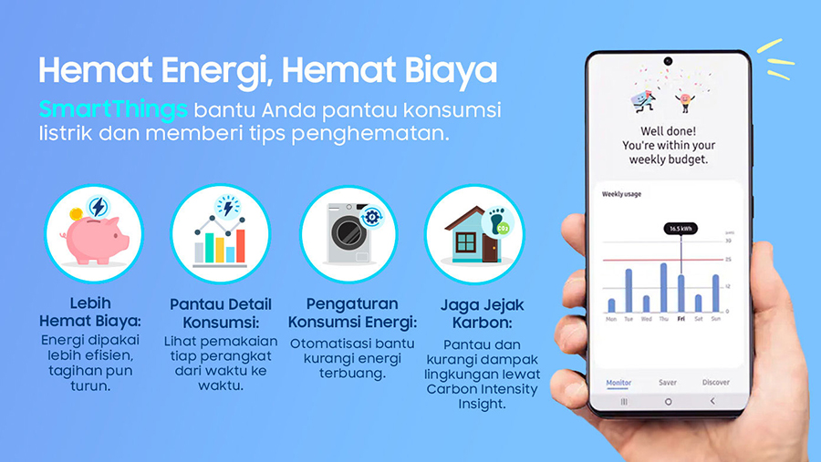 Kelola seluruh perangkat rumah pintar dalam satu aplikasi. Hemat energi, praktis, dan sesuai rutinitas harian dengan Samsung SmartThings.