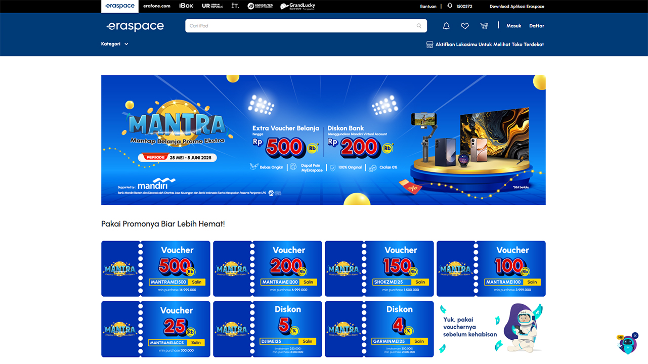 Nikmati promo MANTRA dari Eraspace mulai 25 Mei – 5 Juni 2025. Dapatkan diskon hingga Rp3 juta & tambahan promo dari Bank Mandiri. Cek selengkapnya!