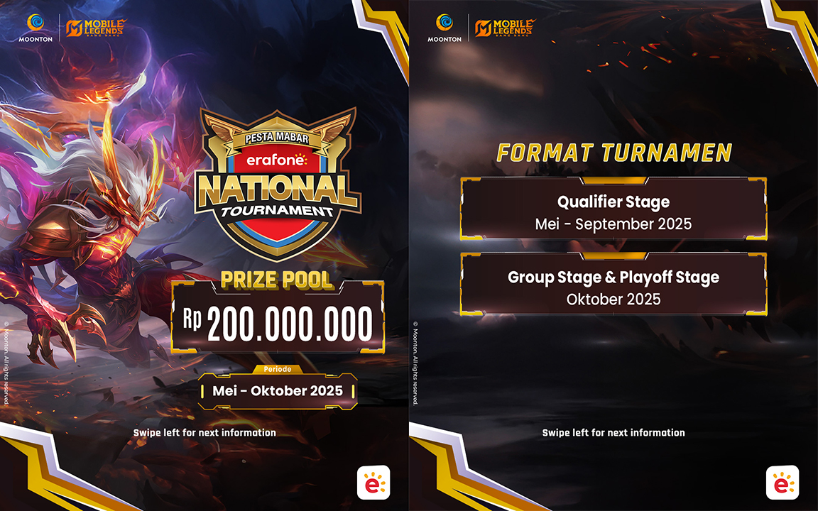 Turnamen MLBB tahunan dari erafone kembali hadir! Total hadiah Rp200 juta, dukung e-sports nasional, dan digelar di berbagai kota dari Mei–Oktober 2025.