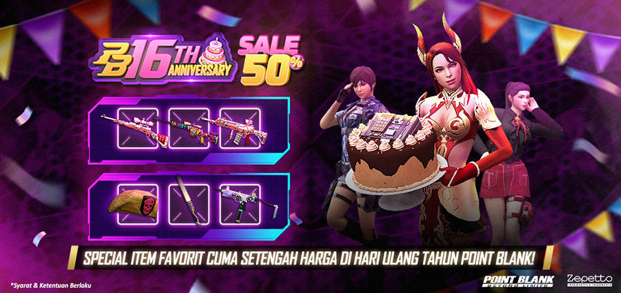 Point Blank rayakan ulang tahun ke-16 dengan bonus 50% PB Cash, flash sale 16 PB Cash, dan diskon item hingga 50%. Jangan lewatkan event spesialnya!