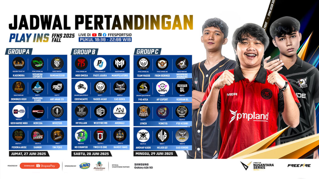 FFNS 2025 Fall Play-ins digelar 27–29 Juni. Sebanyak 36 tim bersaing memperebutkan 9 tiket menuju Grand Finals Free Fire di Makassar.