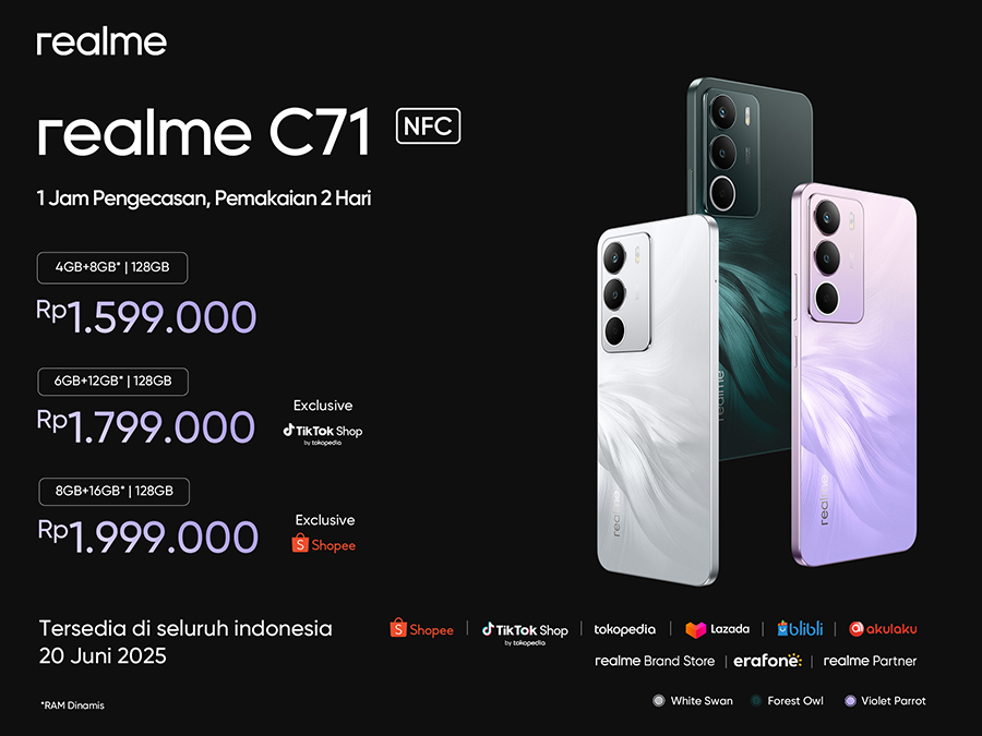 realme C71 NFC resmi hadir di Indonesia dengan baterai 6300mAh, desain tipis, dan fitur cerdas. realme C71 NFC dibanderol mulai dari Rp1.599.000.