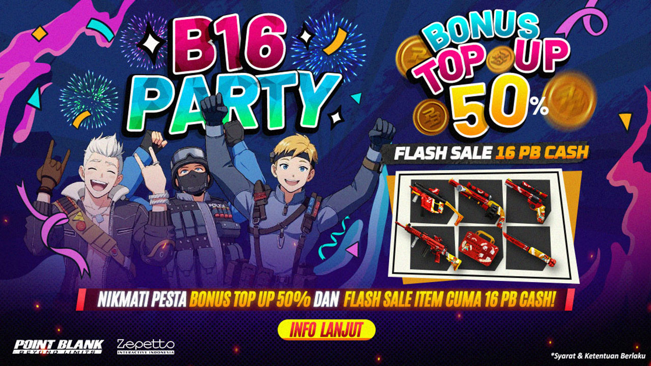 Point Blank rayakan ulang tahun ke-16 dengan bonus 50% PB Cash, flash sale 16 PB Cash, dan diskon item hingga 50%. Jangan lewatkan event spesialnya!