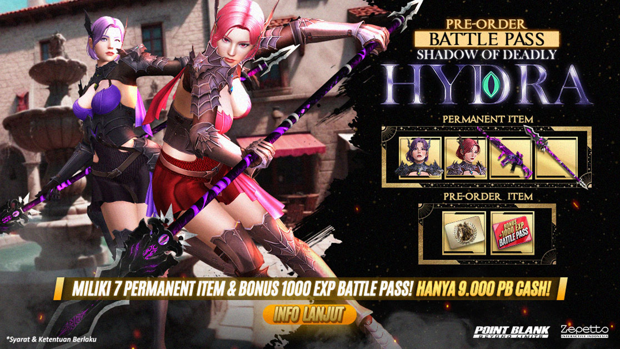 Pre-order Battle Pass “Shadow of Deadly Hydra” Point Blank dibuka 3–9 Juni 2025. Dapatkan 7 item permanen dan bonus Season EXP eksklusif.