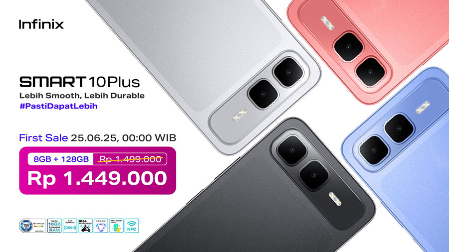 Infinix luncurkan SMART 10 Series, smartphone entry level dengan baterai besar, layar 120Hz, AI, dan sertifikasi IP64. Tersedia mulai 25 Juni 2025.