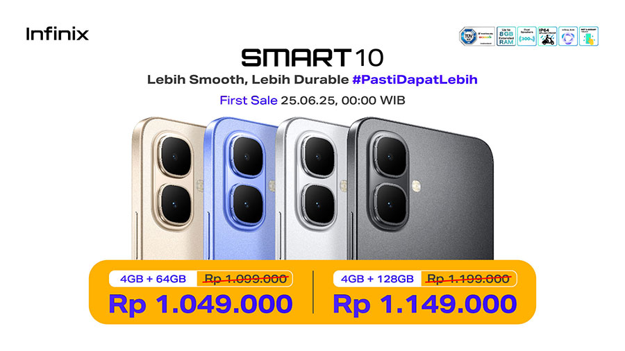 Infinix luncurkan SMART 10 Series, smartphone entry level dengan baterai besar, layar 120Hz, AI, dan sertifikasi IP64. Tersedia mulai 25 Juni 2025.