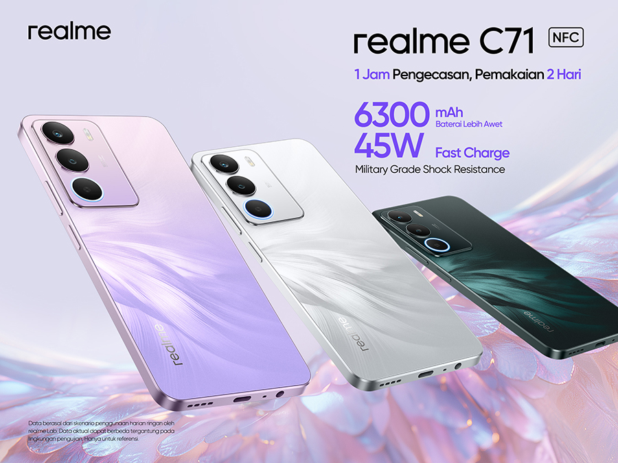 realme C71 NFC resmi hadir di Indonesia dengan baterai 6300mAh, desain tipis, dan fitur cerdas. realme C71 NFC dibanderol mulai dari Rp1.599.000.