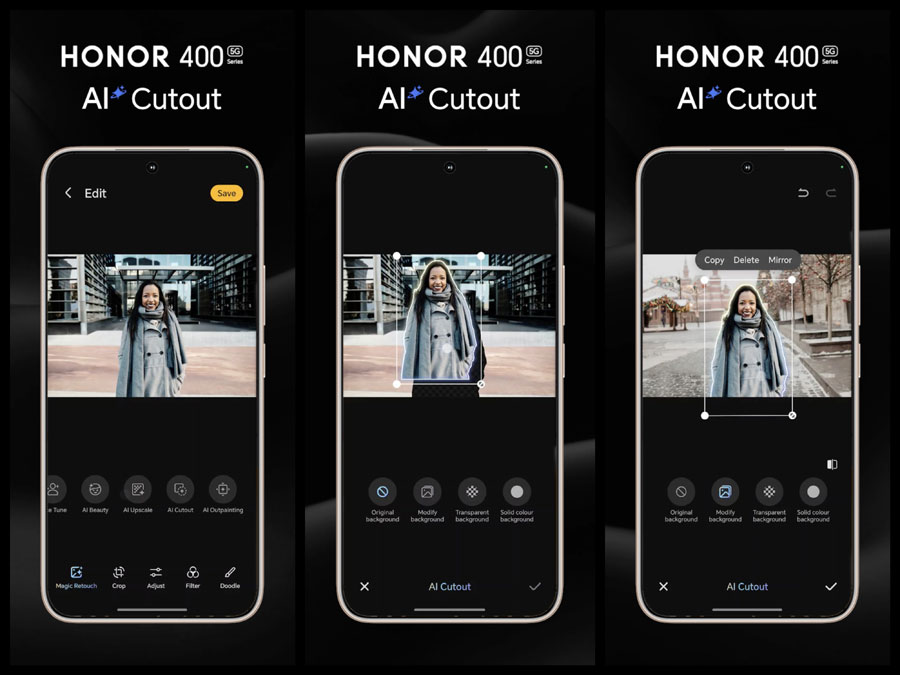 HONOR 400 Series hadir dengan fitur AI Imaging seperti AI Eraser, AI Video, dan Cutout yang bantu pengguna bikin konten kreatif hanya dalam hitungan detik.