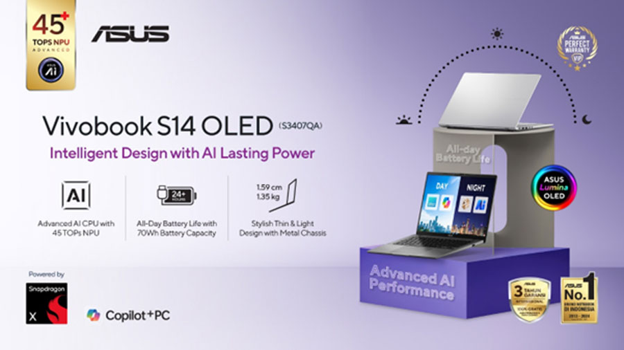 ASUS Vivobook S14 OLED hadir dengan prosesor Snapdragon AI, layar OLED, dan fitur Windows Copilot+ untuk produktivitas cerdas dan efisien.