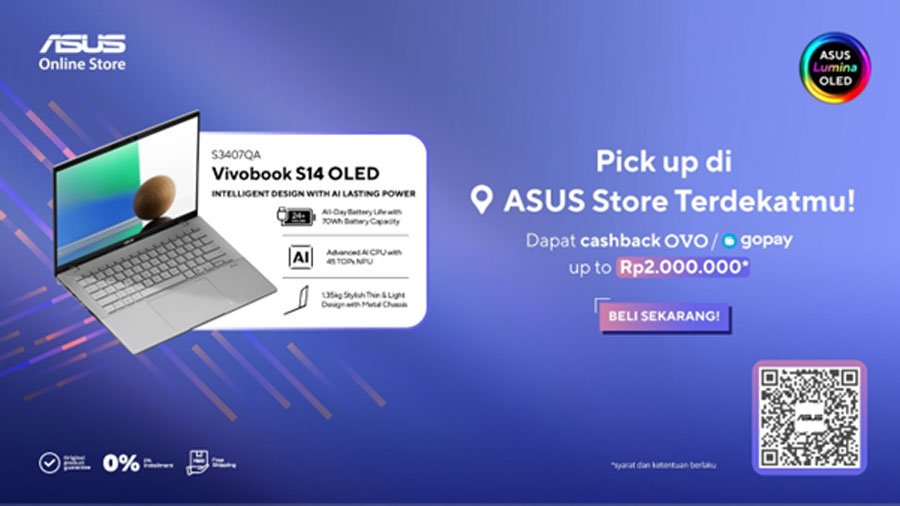 ASUS Vivobook S14 OLED hadir dengan prosesor Snapdragon AI, layar OLED, dan fitur Windows Copilot+ untuk produktivitas cerdas dan efisien.