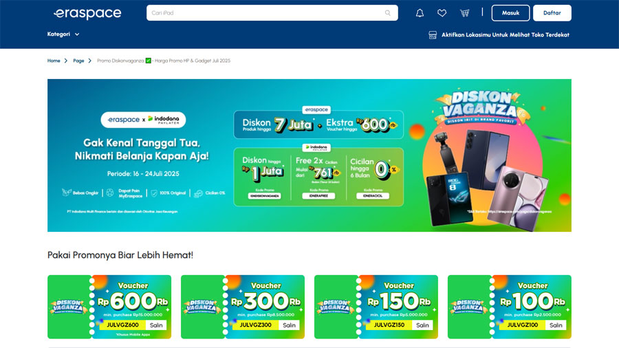 Promo Diskonvaganza hadir kembali! Nikmati cicilan 0%, diskon hingga Rp1 juta, dan gratis 2x cicilan dengan Indodana PayLater di Eraspace.