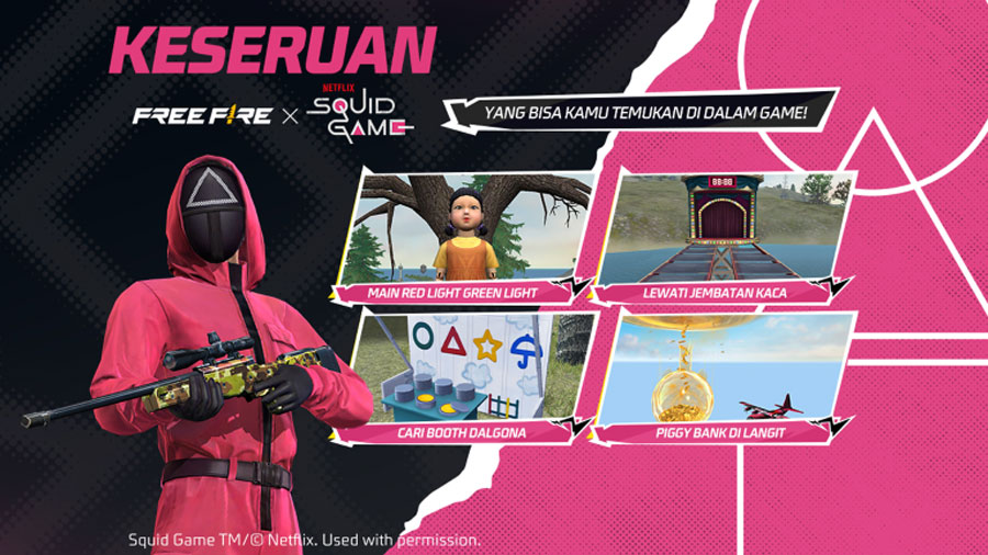 Kolaborasi Free Fire dan Squid Game hadir 18 Juli! Rasakan tantangan Red Light Green Light hingga item eksklusif gratis seperti The Doll dan Pink Guards!