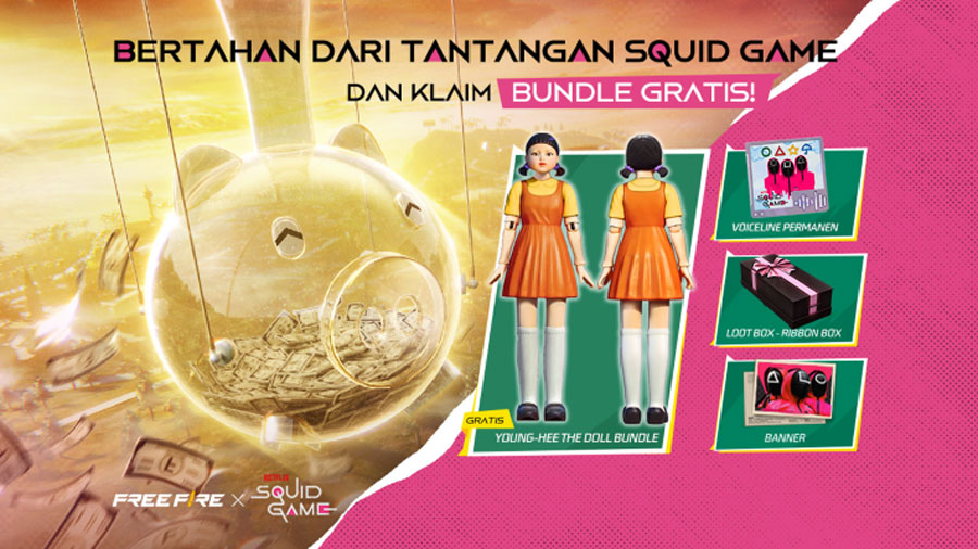 Kolaborasi Free Fire dan Squid Game hadir 18 Juli! Rasakan tantangan Red Light Green Light hingga item eksklusif gratis seperti The Doll dan Pink Guards!