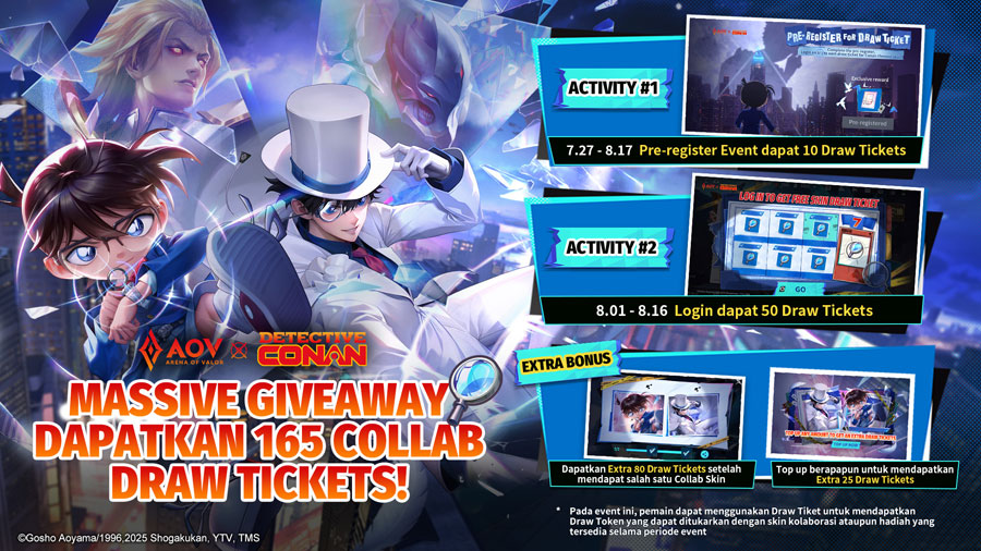 AOV umumkan kolaborasi epik dengan Detective Conan! Hadirkan skin eksklusif, map bertema, dan hadiah menarik mulai 1 Agustus 2025.
