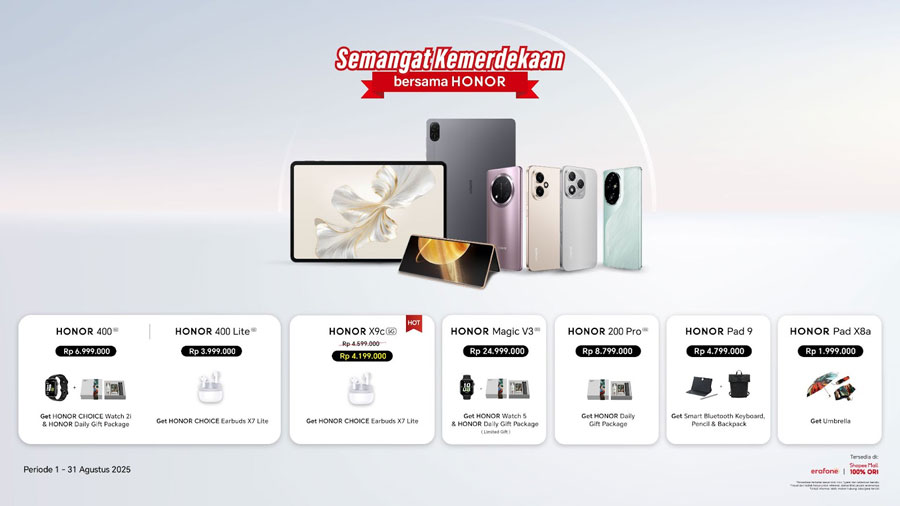 HONOR rayakan Kemerdekaan RI dengan promo HONOR 400 & X9c. Smartphone canggih dengan AI kamera dan ketangguhan luar biasa. Promo terbatas Agustus ini!