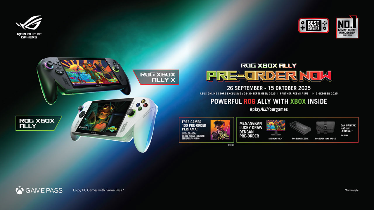 ROG Xbox Ally kini bisa dipesan di Indonesia mulai 26 September–15 Oktober 2025. Hadir dengan performa powerful, hadiah eksklusif, dan varian Ally X.