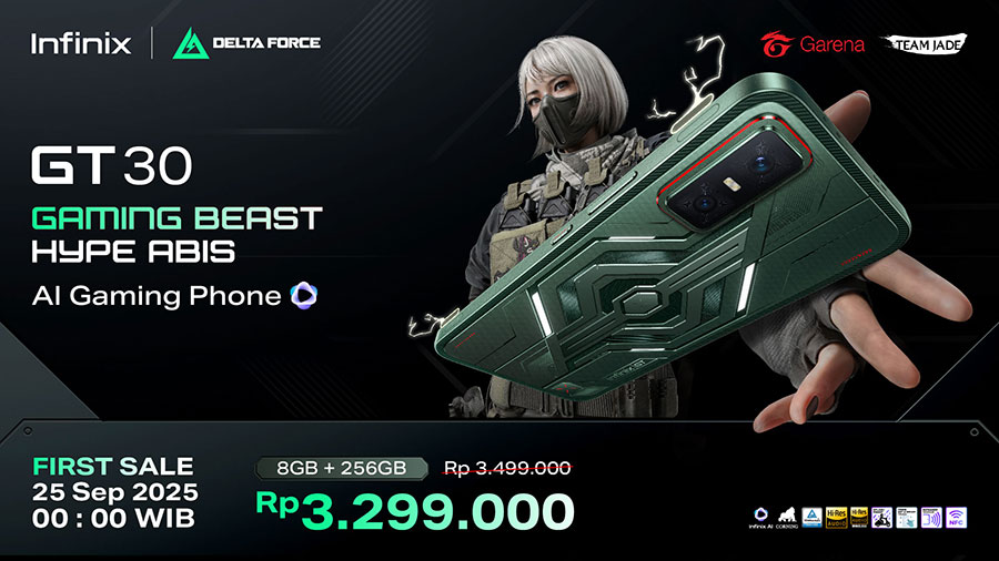 Infinix GT 30 hadir di Indonesia dengan layar AMOLED 144Hz, chipset Dimensity 7400 5G, fitur AI lengkap, dan harga mulai Rp3,2 jutaan.