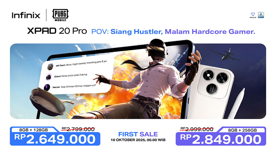 Infinix XPAD 20 Pro hadir dengan layar 12 inci 2K, chip Helio G100 Ultimate, dan fitur AI cerdas yang mendukung produktivitas, hiburan, hingga gaming kompetitif