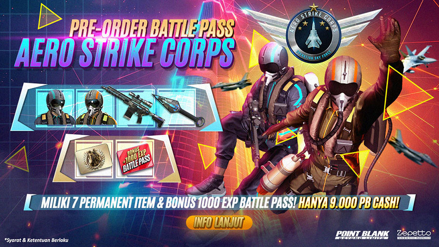 Battle Pass terbaru Point Blank “AERO STRIKE CORPS” hadir dengan tema unit udara futuristik dan hadiah eksklusif. Pre-order dibuka 14 Oktober 2025!