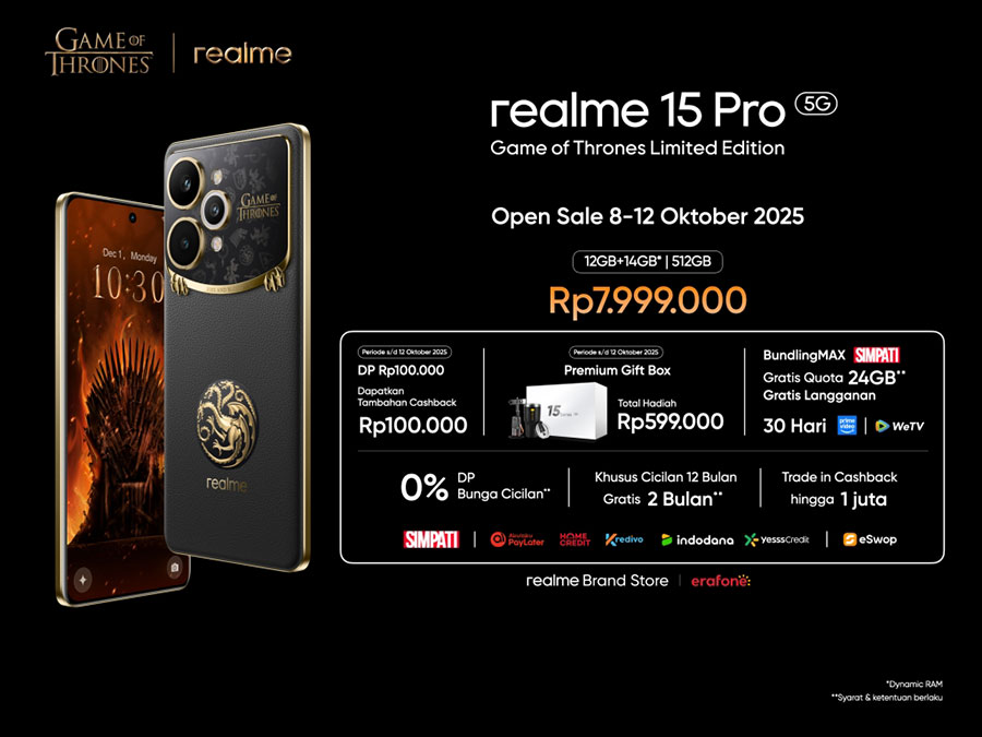 realme 15 Pro Game of Thrones Edition hadir dengan desain Dragonfire Color-Changing pertama di dunia, performa flagship, dan paket edisi terbatas yang ikonik.