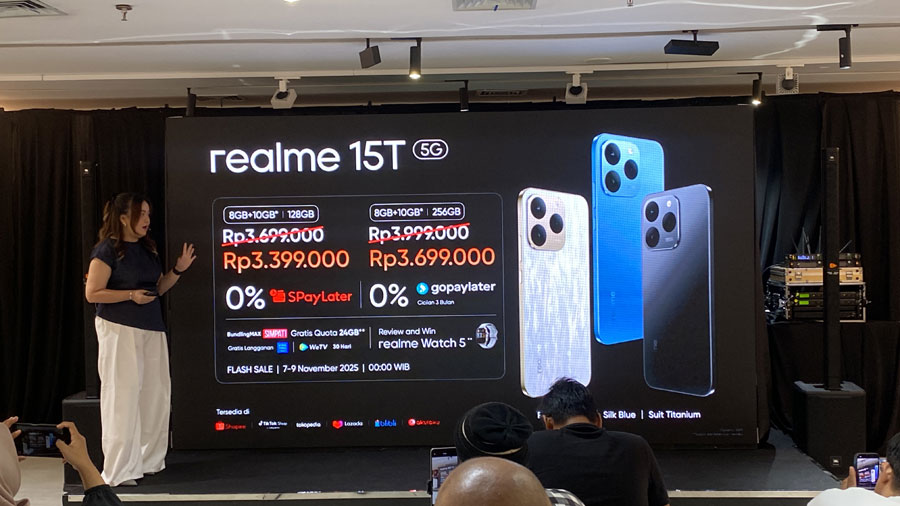 realme 15T 5G hadir dengan desain ultra tipis, baterai 7000mAh, kamera 50MP AI, dan layar AMOLED 120Hz, menjadikannya pilihan ideal anak muda Indonesia.
