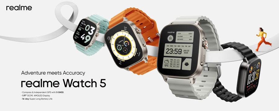 realme Watch 5 hadir dengan baterai tahan 16 hari, GPS 5 satelit, Bluetooth Calling, dan 108 mode olahraga untuk gaya hidup aktif anak muda.