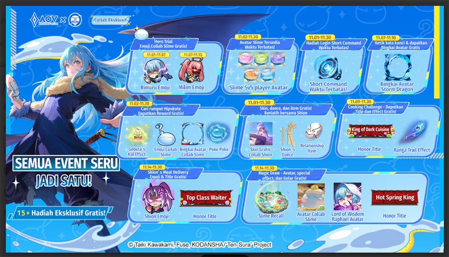 Arena of Valor resmi berkolaborasi dengan anime TenSura, hadirkan skin eksklusif Rimuru, Milim, dan Shion lengkap dengan event dan hadiah menarik.