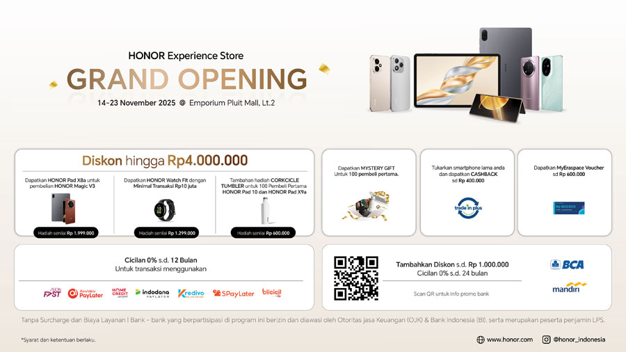 HONOR membuka Experience Store baru di Emporium Pluit dengan promo grand opening, layanan lengkap, dan rencana ekspansi ke Surabaya dan kota lainnya.