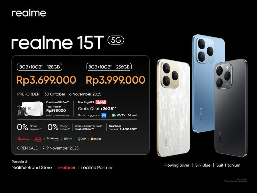 realme 15T 5G hadir di Indonesia dengan desain ultra tipis, baterai 7000mAh, Dual 50MP AI Camera, dan layar AMOLED 120Hz super terang.