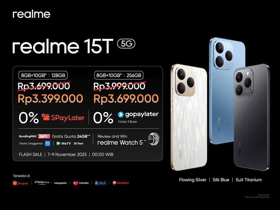 realme 15T 5G hadir di Indonesia dengan desain ultra tipis, baterai 7000mAh, Dual 50MP AI Camera, dan layar AMOLED 120Hz super terang.