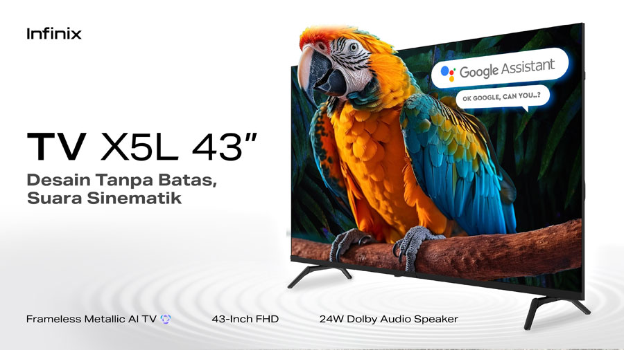 Infinix Smart TV X5L 43” hadir dengan desain modern, Dolby Audio 24W, Google TV 5.0, dan konektivitas pintar untuk hiburan imersif.