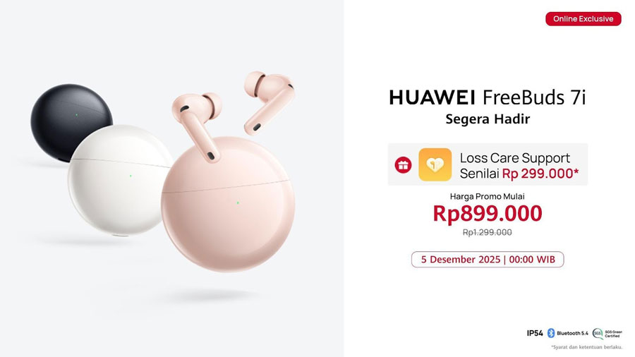 HUAWEI FreeBuds 7i hadir di Indonesia dengan teknologi ANC 55dB, audio 3D immersive, dan kompatibilitas universal. TWS stylish dan nyaman seharga Rp899 ribu.