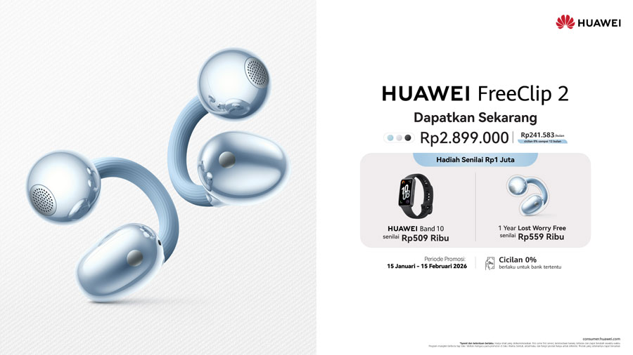 HUAWEI FreeClip 2 resmi dijual di Indonesia. TWS open-ear ringan dengan audio adaptif, desain C-Bridge, dan baterai tahan lama untuk gaya hidup aktif.