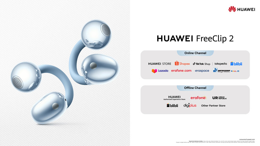 HUAWEI FreeClip 2 resmi dijual di Indonesia. TWS open-ear ringan dengan audio adaptif, desain C-Bridge, dan baterai tahan lama untuk gaya hidup aktif.