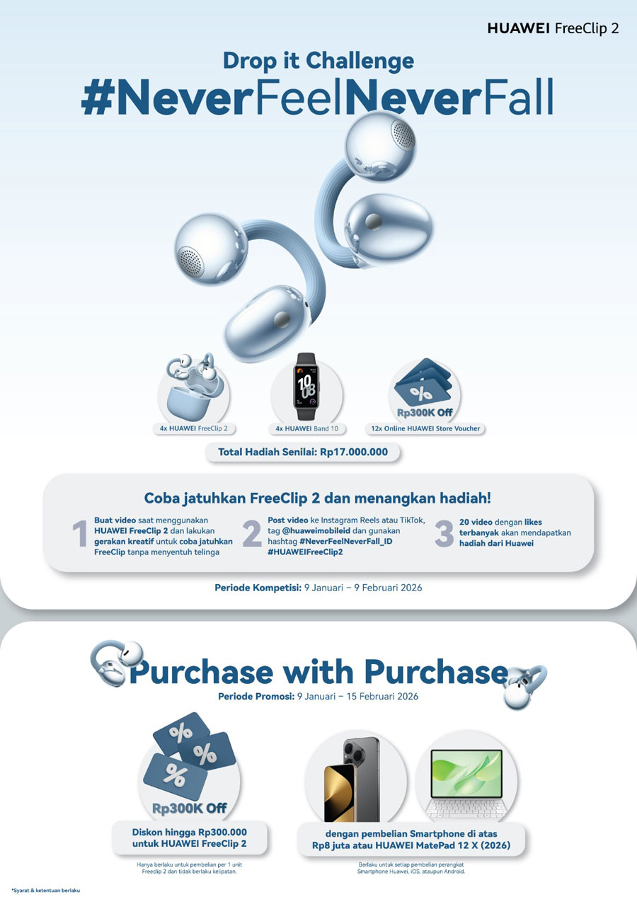 HUAWEI FreeClip 2 resmi dijual di Indonesia. TWS open-ear ringan dengan audio adaptif, desain C-Bridge, dan baterai tahan lama untuk gaya hidup aktif.