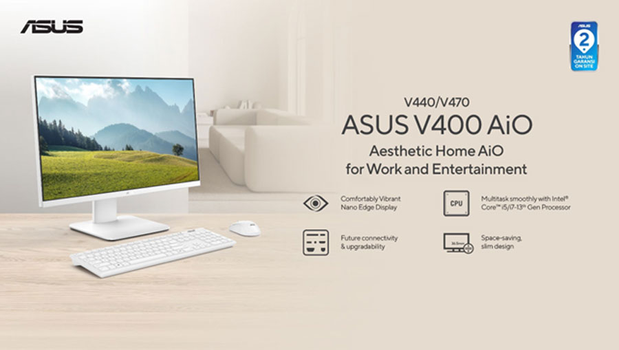 ASUS AiO V440VA hadir dengan Intel Core i7, RAM DDR5 16GB, SSD 1TB, layar IPS 100% sRGB, dan desain rapi tanpa kabel untuk kerja & hiburan.