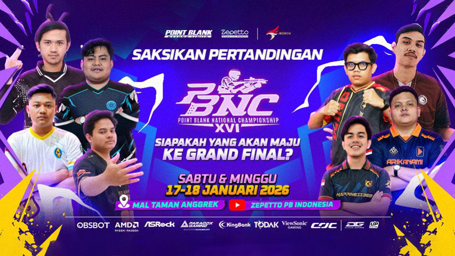 PBNC XVI resmi dimulai di Mal Taman Anggrek, Jakarta Barat. Turnamen nasional Point Blank berlangsung 17–18 Januari 2026 dengan aktivitas pendukung.