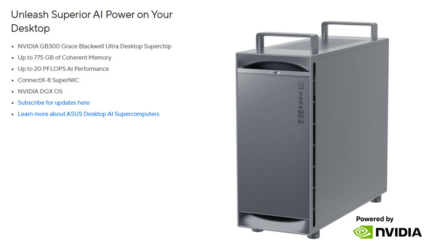 ASUS pamerkan ExpertCenter Pro ET900N G3 di CES 2026. Superkomputer AI desktop berbasis NVIDIA GB300, memori terpadu 775GB, konektivitas kelas data center.