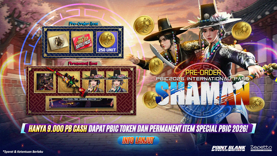 Pre-order Battle Pass PBIC 2026 Shaman resmi dibuka. Simak bonus PBIC Token, Transfer Account, dan promo Ramadhan di Point Blank yang tidak boleh kamu lewatkan.