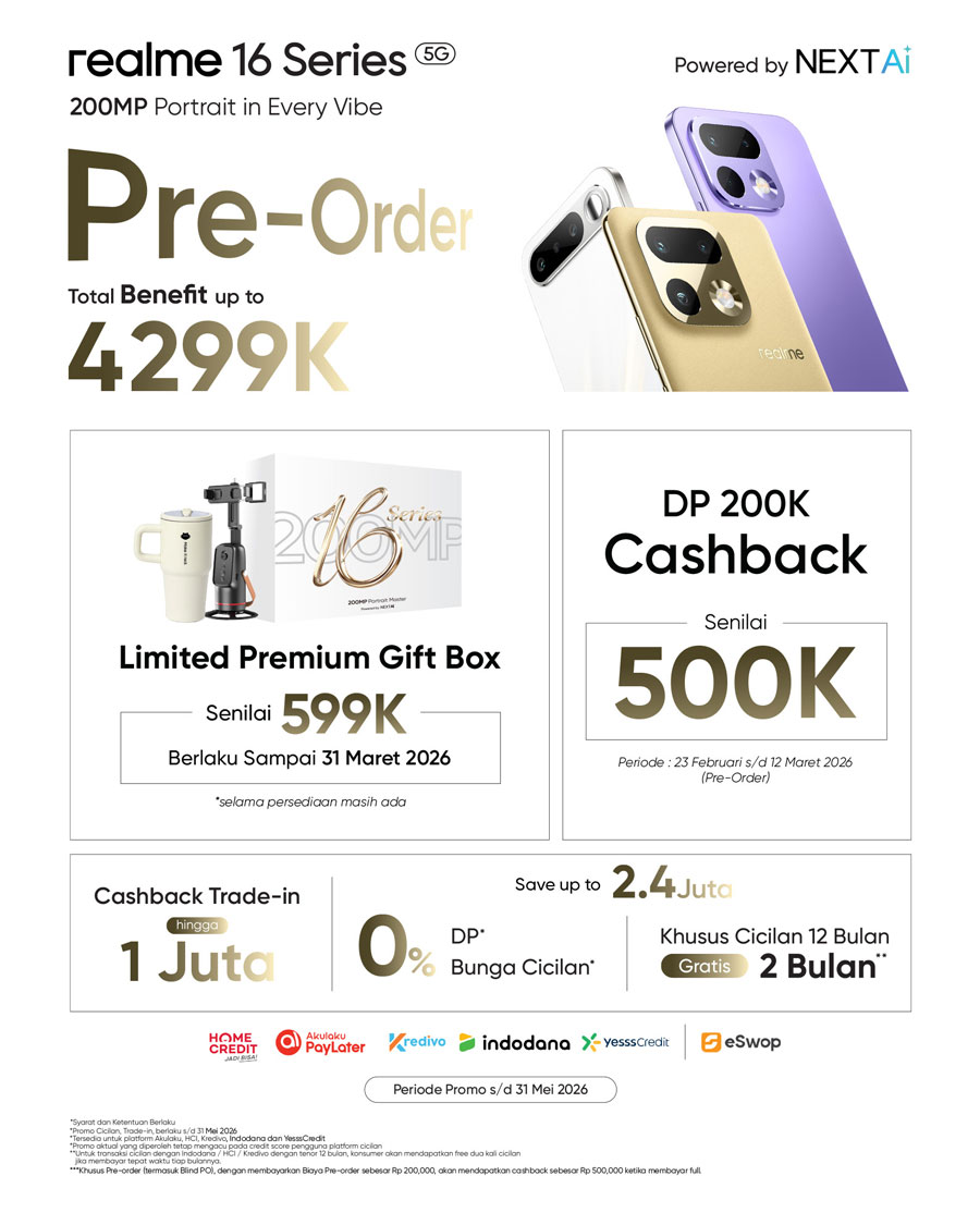realme 16 Series 5G hadir 10 Maret 2026 dengan 200MP + 50MP Periscope Telephoto, desain premium, dan benefit pre-order hingga Rp4,2 juta.