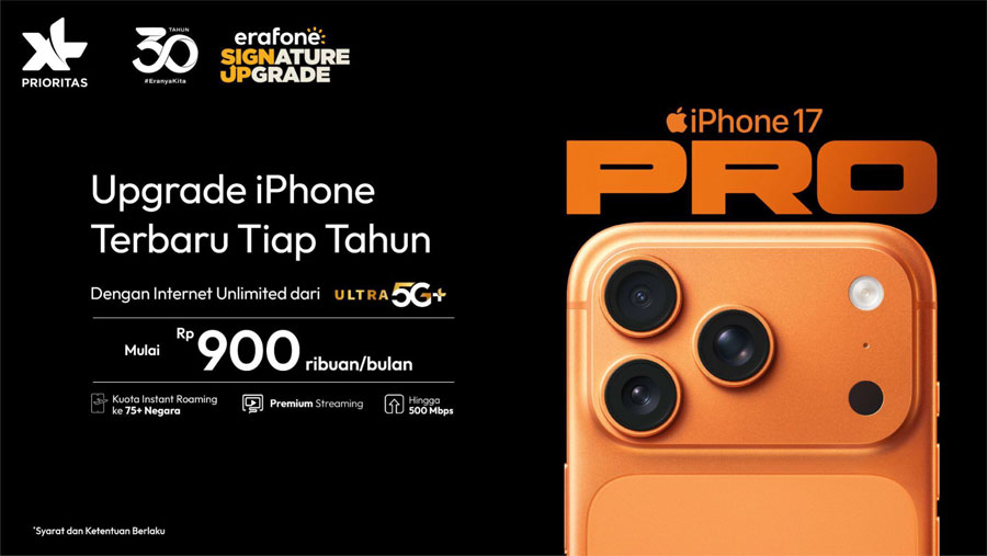 erafone dan XL PRIORITAS hadirkan Signature Upgrade, program cicilan iPhone mulai Rp900 ribuan per bulan dengan paket Ultra 5G+ Unlimited.