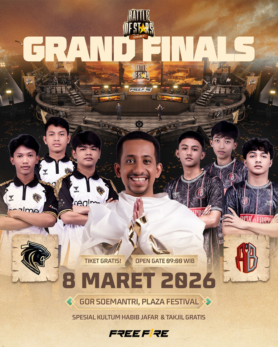 Grand Finals Battle of Stars Season 4 Free Fire digelar 8 Maret 2026. Simak format Elite Clash Squad, tim finalis, dan keseruan acara.