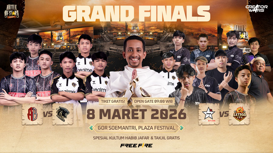 Grand Finals Battle of Stars Season 4 Free Fire digelar 8 Maret 2026. Simak format Elite Clash Squad, tim finalis, dan keseruan acara.