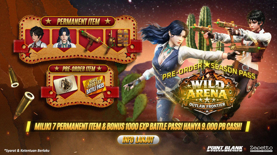 Point Blank membuka pre-order Season Pass Wild West seharga 9.000 PB Cash, lengkap dengan April Function Sale dan Tactical Shield Point Sale.