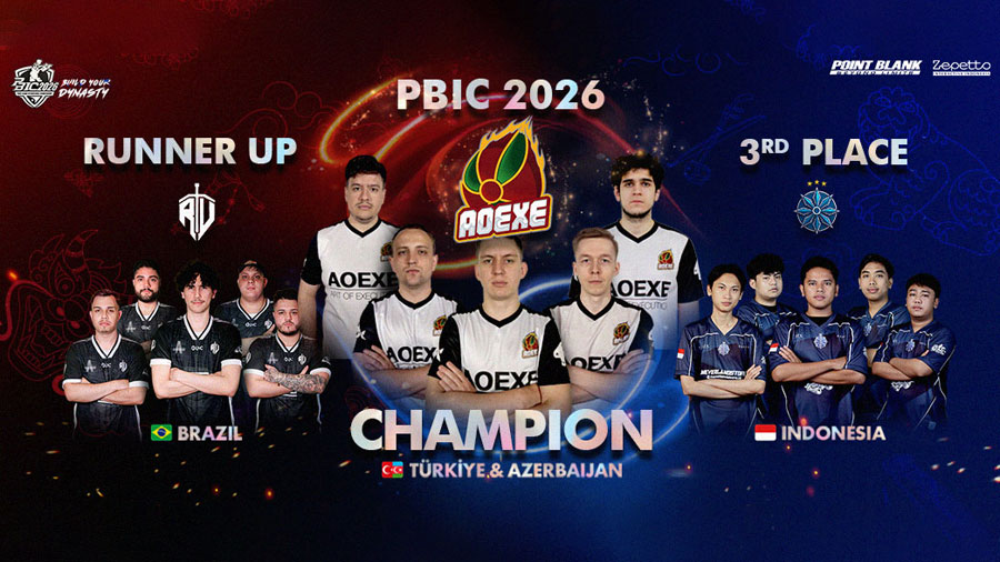 AOEXE Rusia jadi juara PBIC 2026, sementara UNIX PARADISE dari Indonesia sukses finis di posisi ketiga dan membanggakan komunitas Point Blank Tanah Air.
