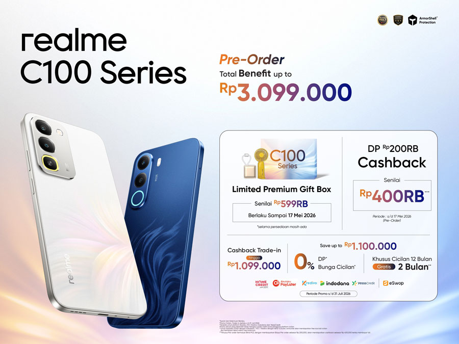 realme C100 siap hadir di Indonesia dengan Blooming Design, baterai tahan lama, bodi tangguh, dan benefit pre-order hingga Rp3.099.000.