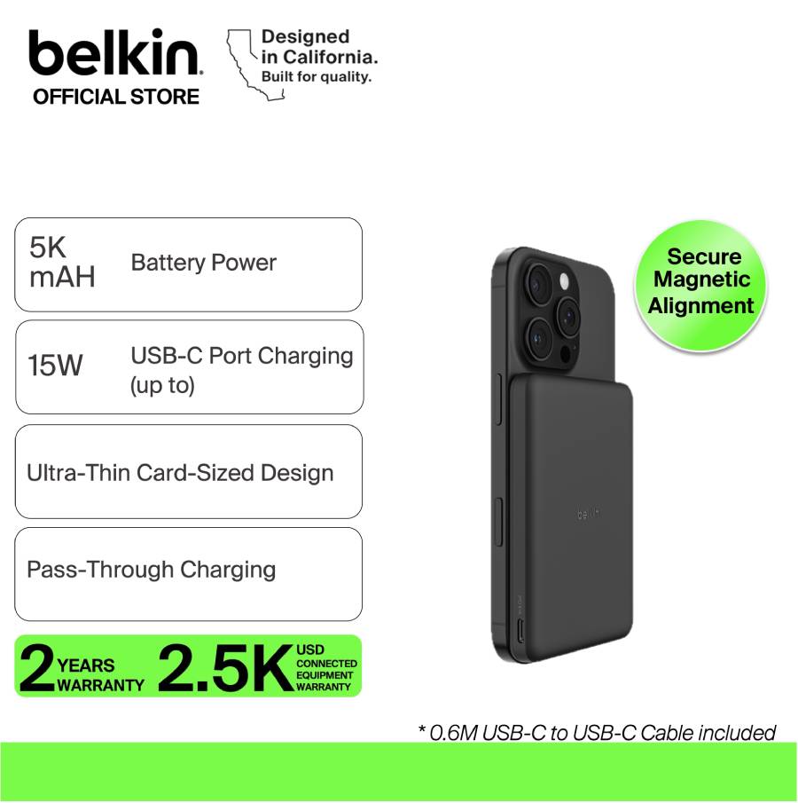Belkin BoostCharge Magnetic Power Bank 5K hadir dengan desain tipis, kapasitas 5.000 mAh, USB-C 15W, dan garansi resmi 2 tahun.