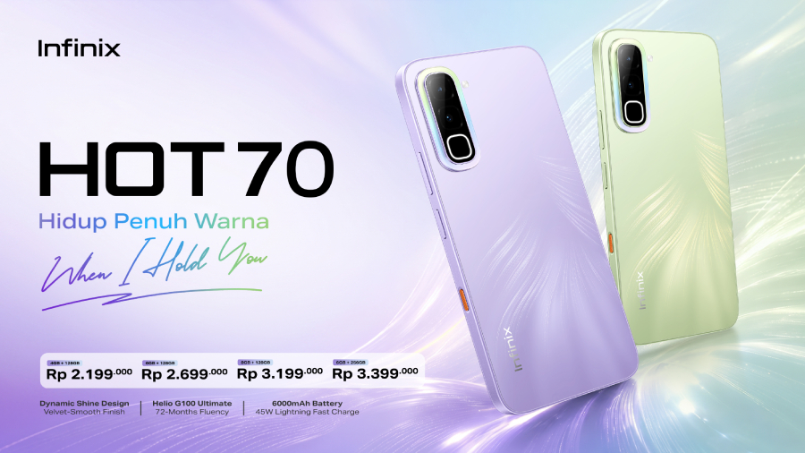 Infinix HOT 70 resmi meluncur di Indonesia dengan desain stylish, baterai 6000mAh, fitur AI, Helio G100 Ultimate, dan harga mulai Rp2 jutaan.